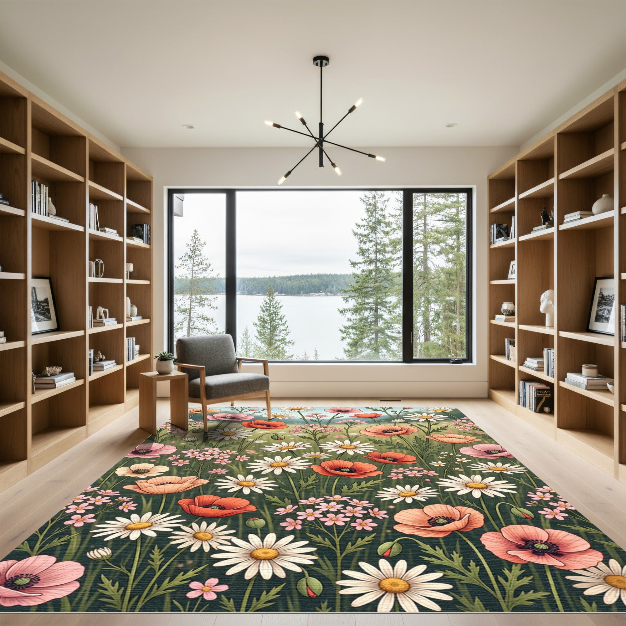 Soft Watercolor Poppy and Daisy Meadow Rug