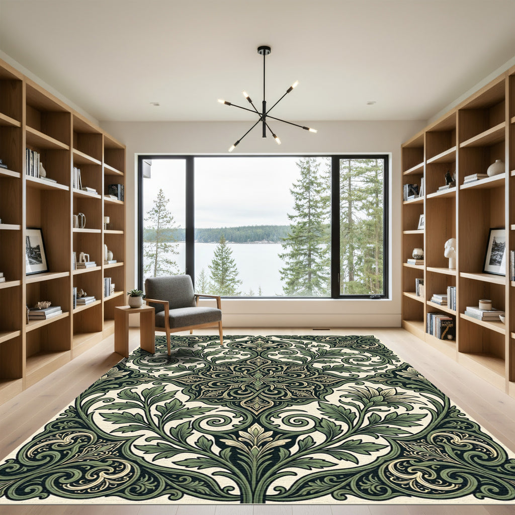 Deep Forest Green Ornate Foliage Medallion Rug