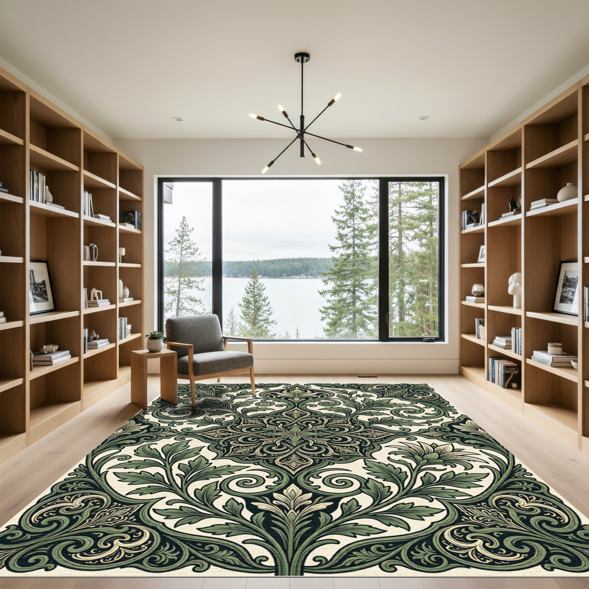 Deep Forest Green Ornate Foliage Medallion Rug