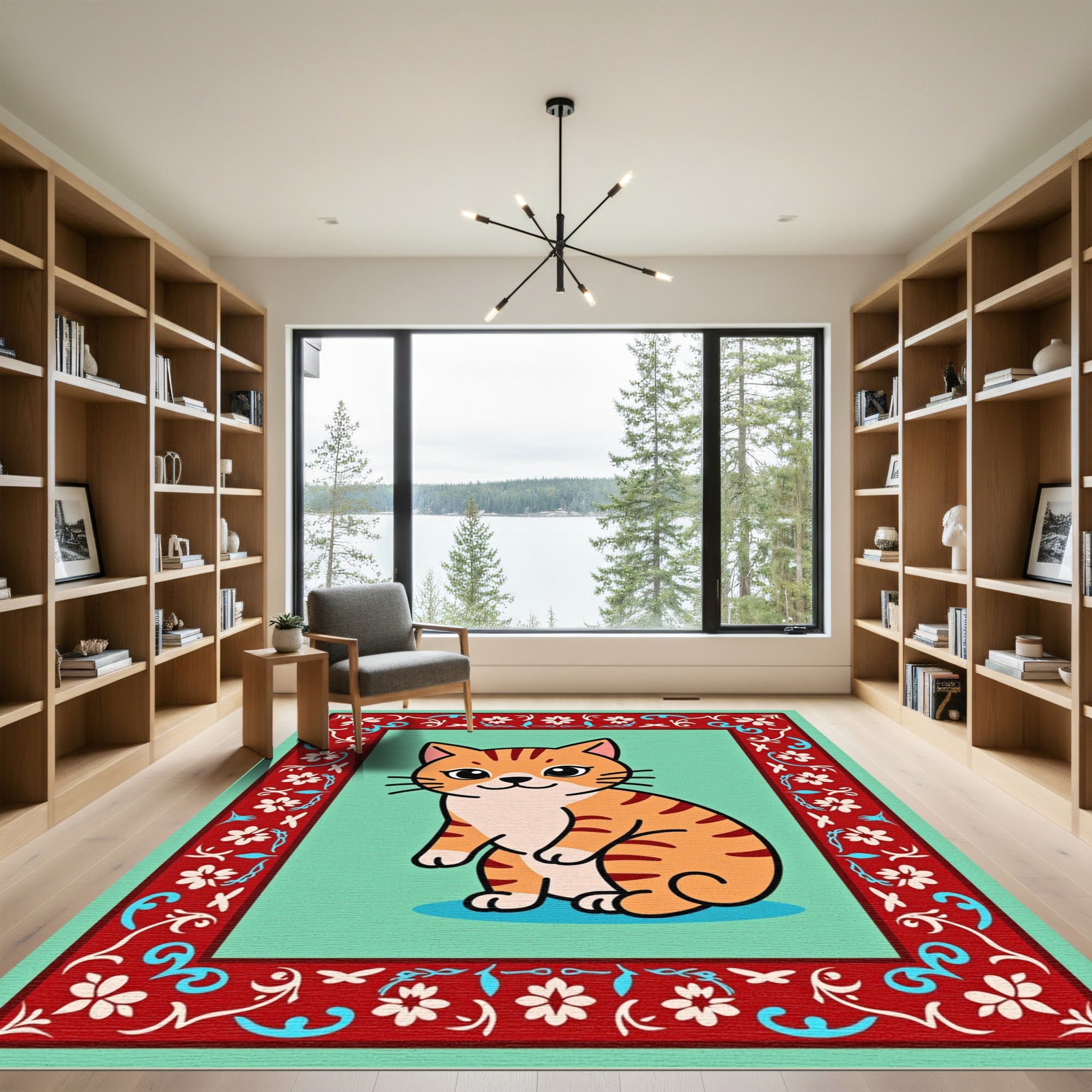 Sweet Ginger Cat Floral Border Rug