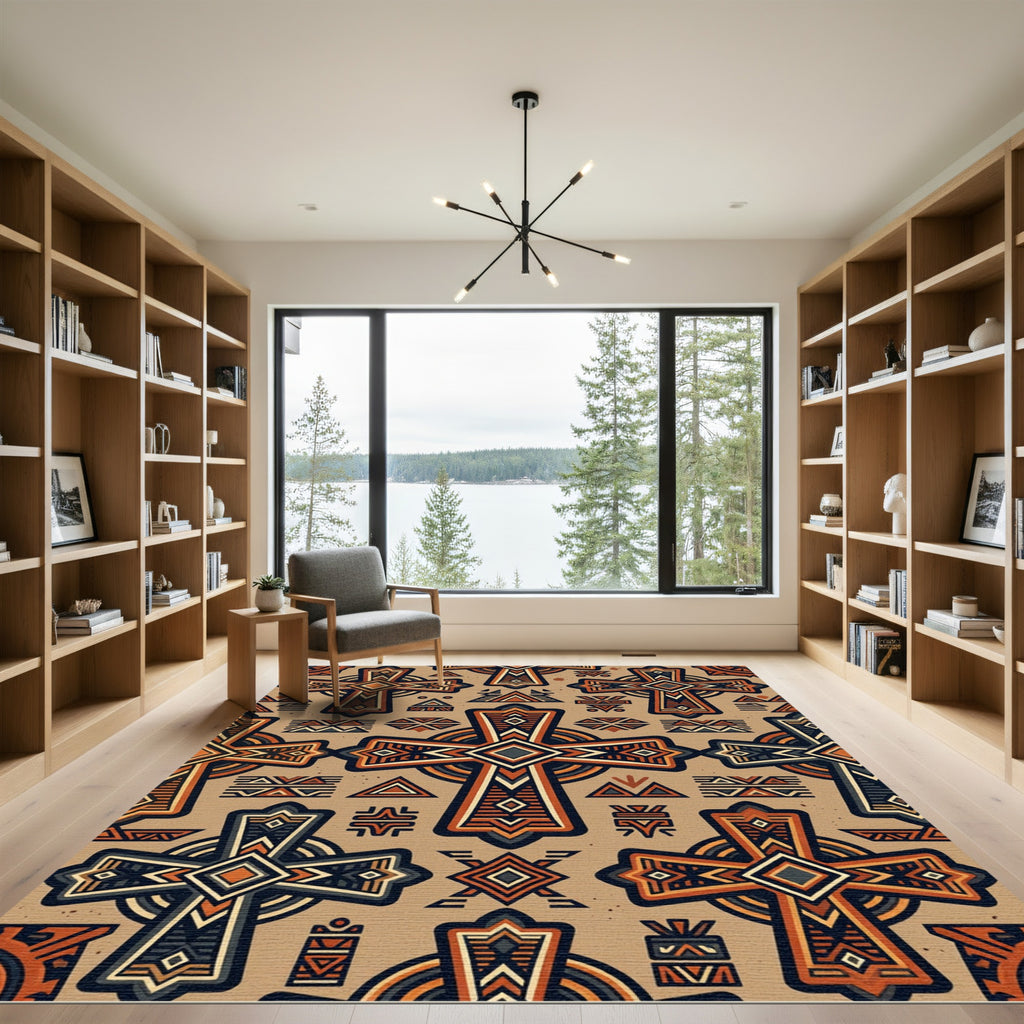 Geometric Ochre Tribal Cross Ornate Tile Rug