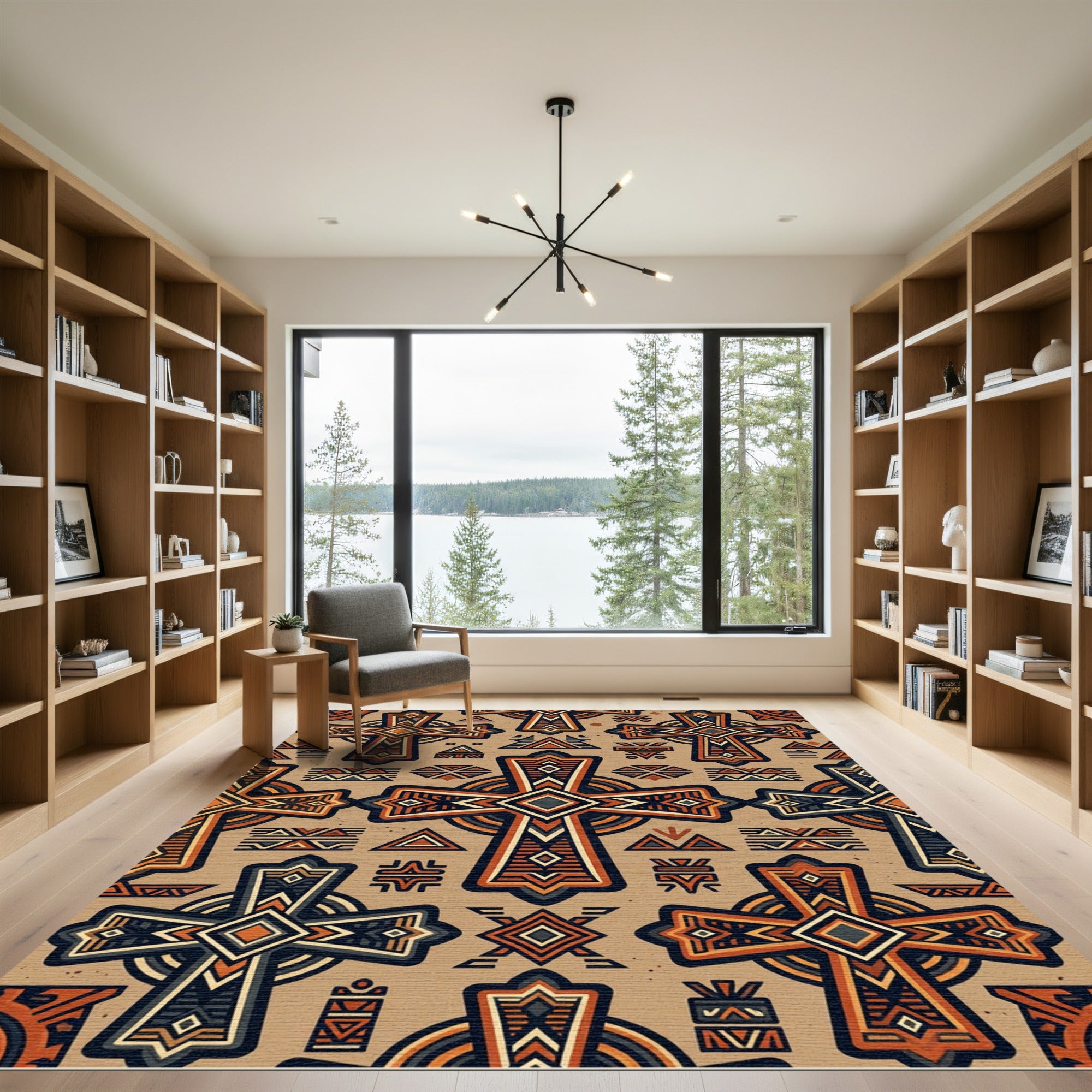 Geometric Ochre Tribal Cross Ornate Tile Rug