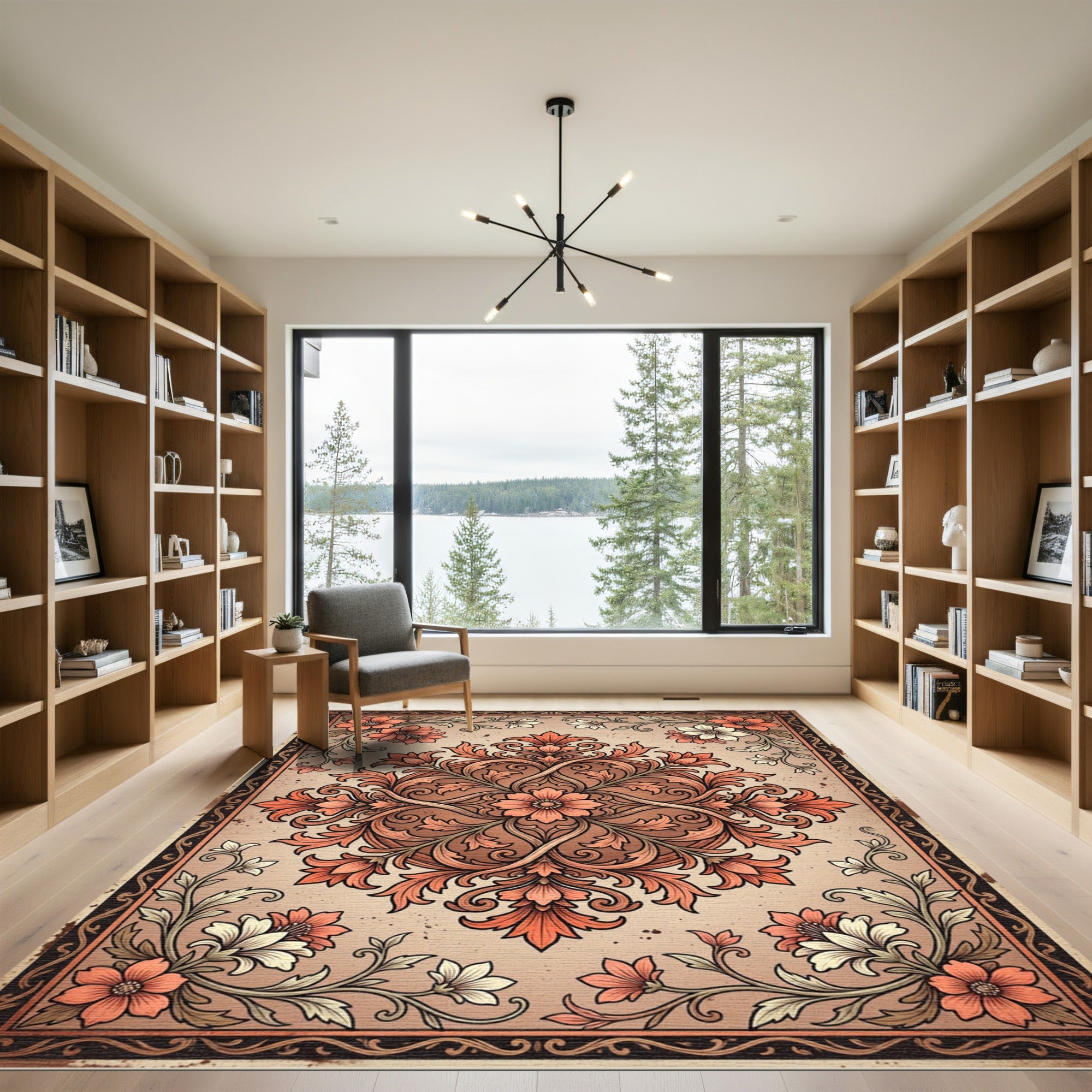 Coral Floral Medallion Scrollwork Rug
