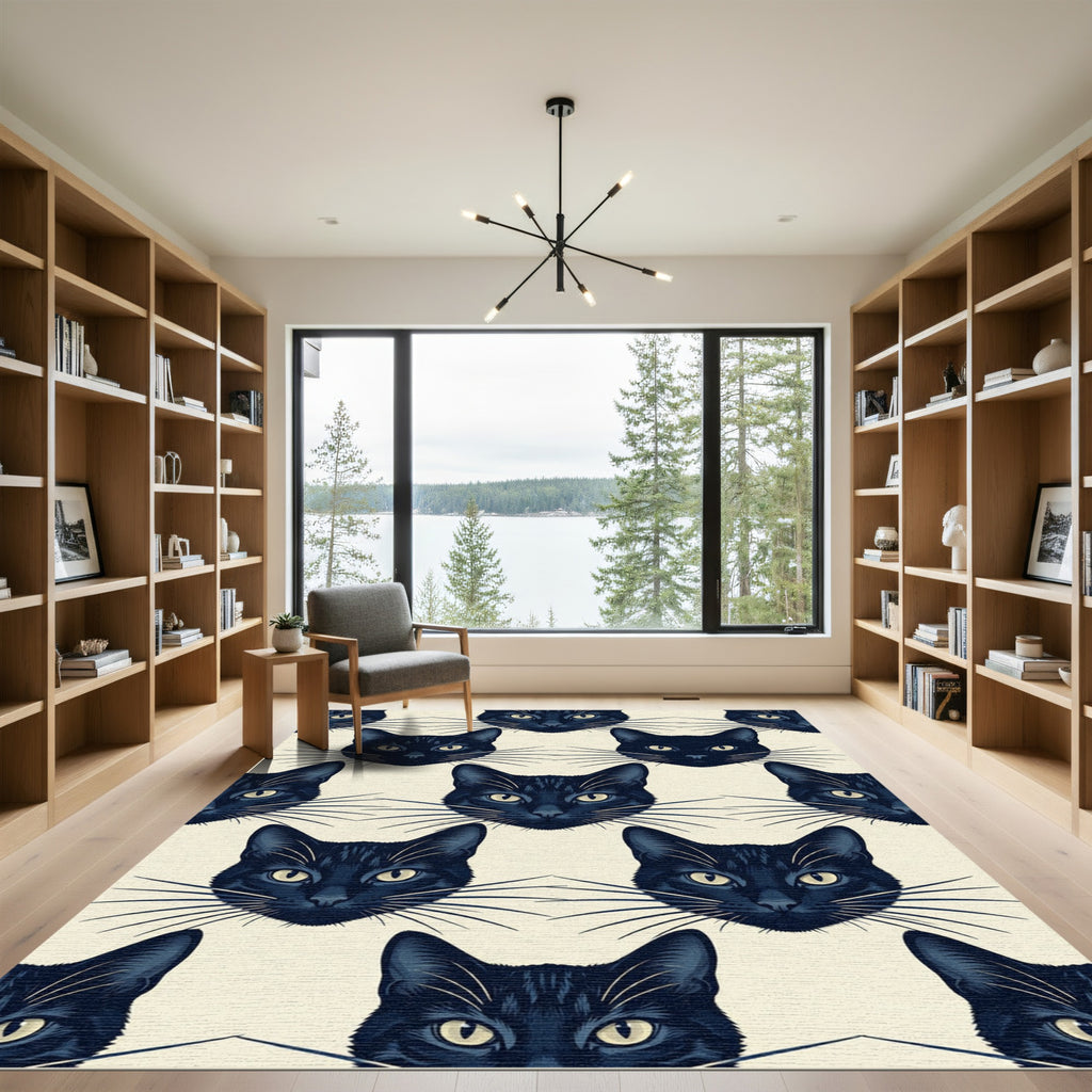 Eerie Black Cat Faces Neutral Illustration Rug