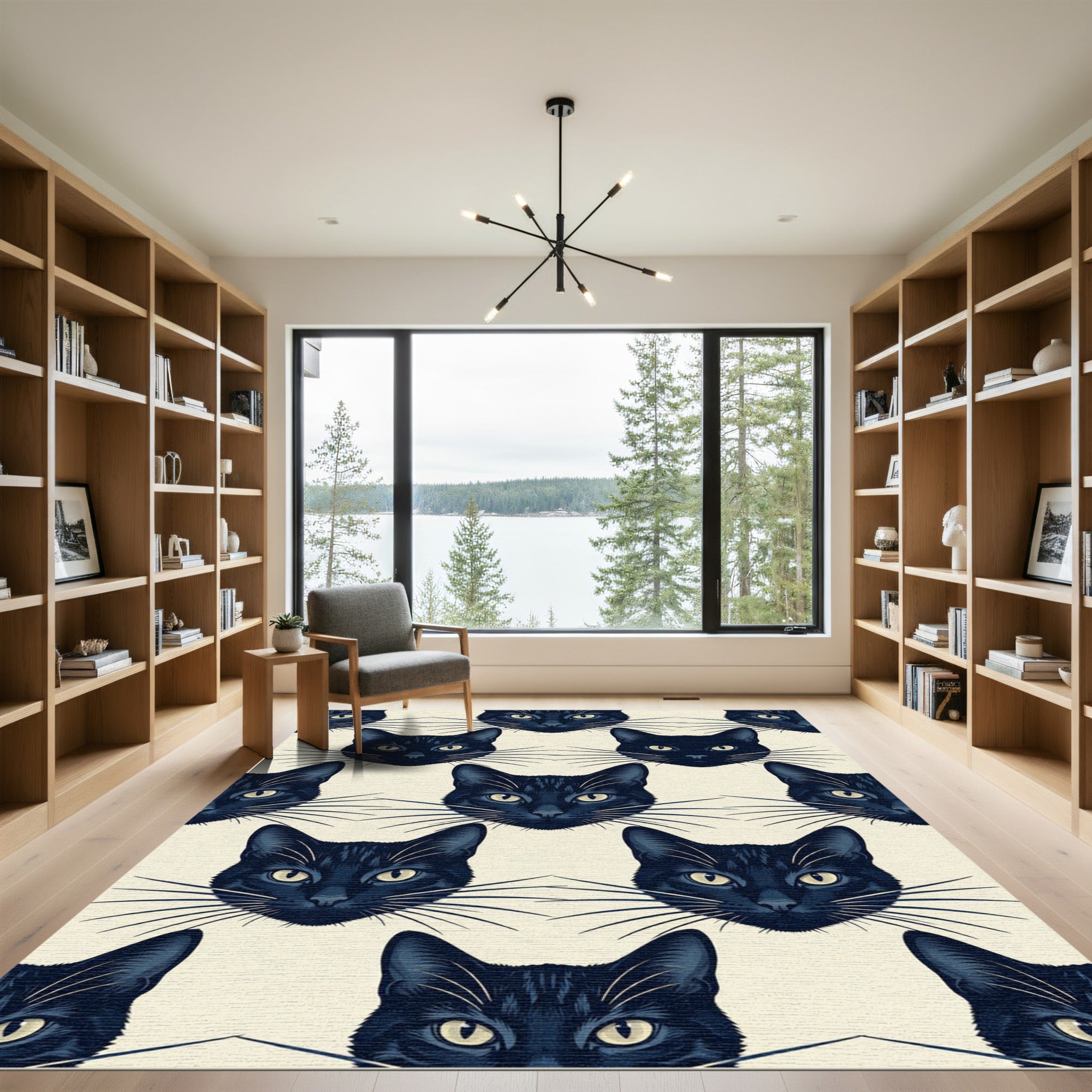 Eerie Black Cat Faces Neutral Illustration Rug