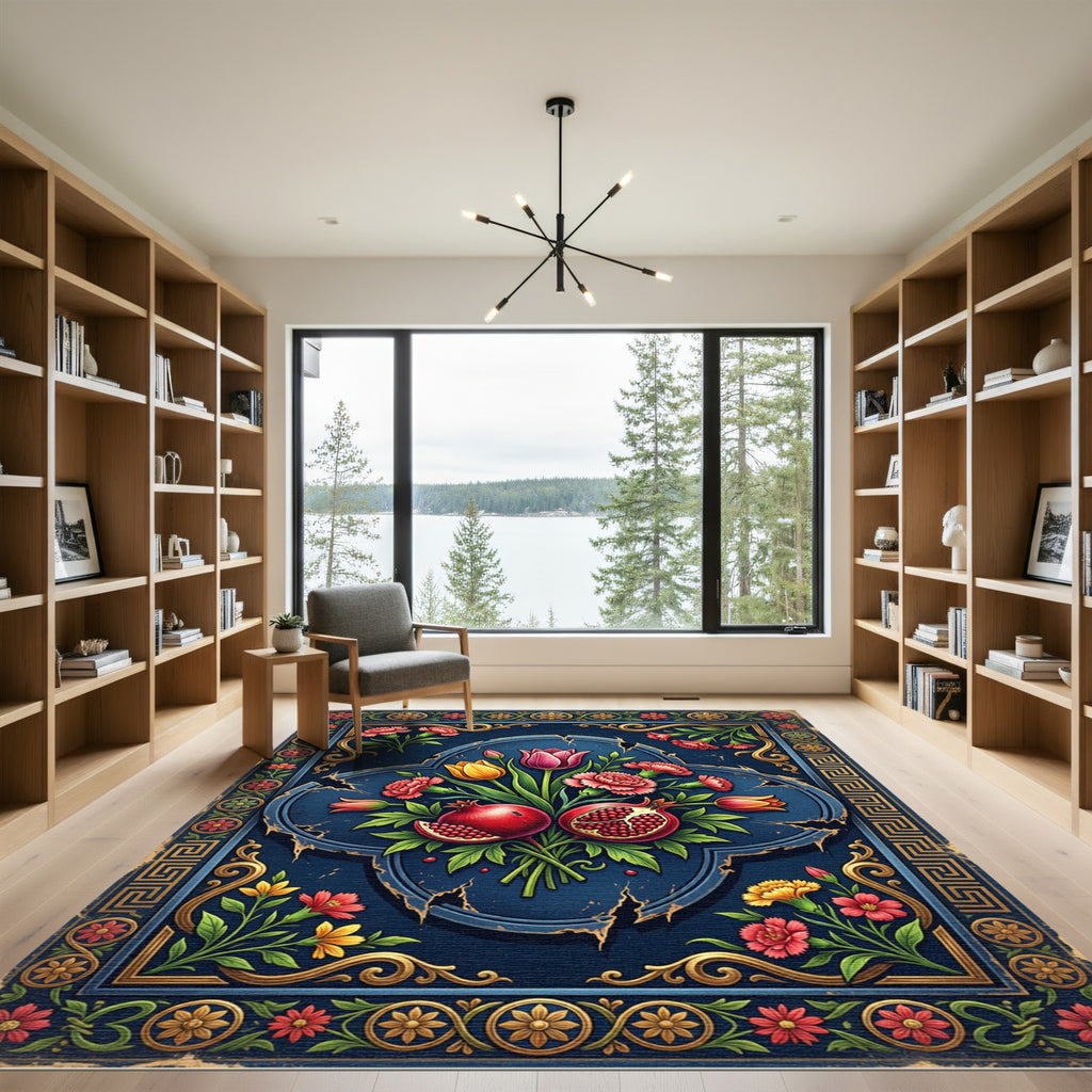 Pomegranate Floral Navy Gold Medallion Rug