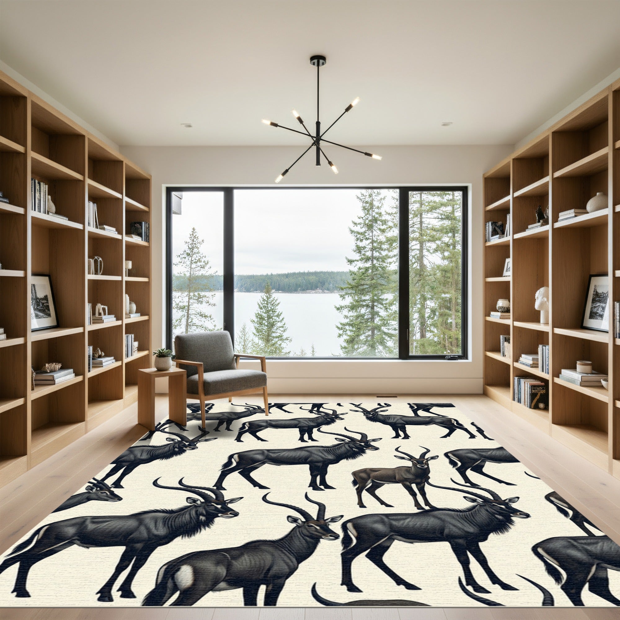 Elegant Black Antelope Wildlife Illustration Rug