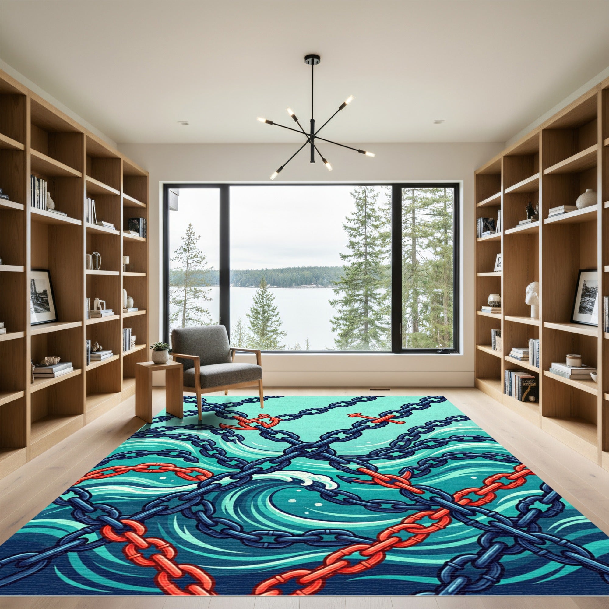 Anchors and Chains Navy Aquatic Wave Rug