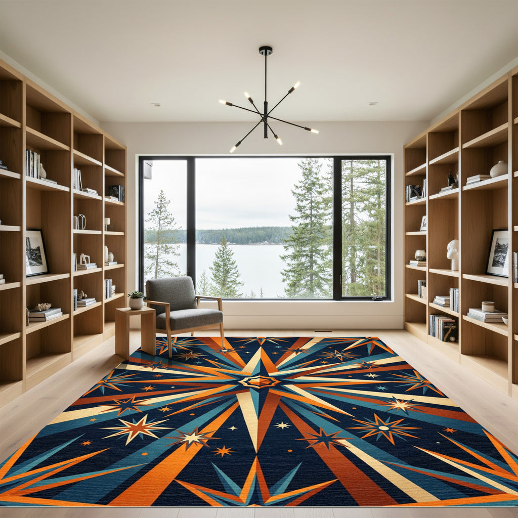 Celestial Orange Blue Geometric Starburst Rug