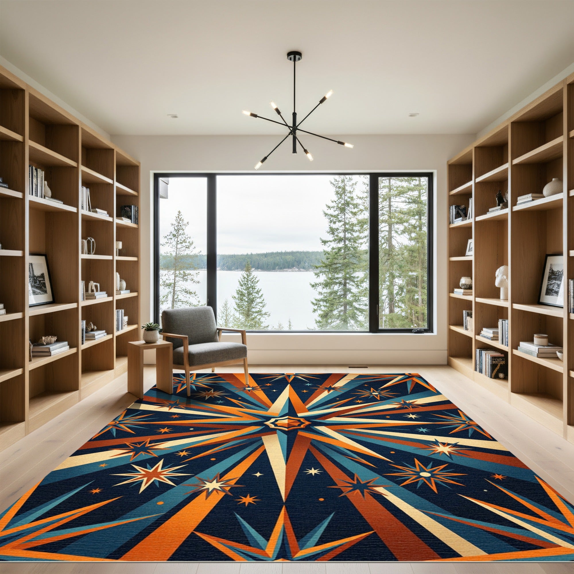 Celestial Orange Blue Geometric Starburst Rug
