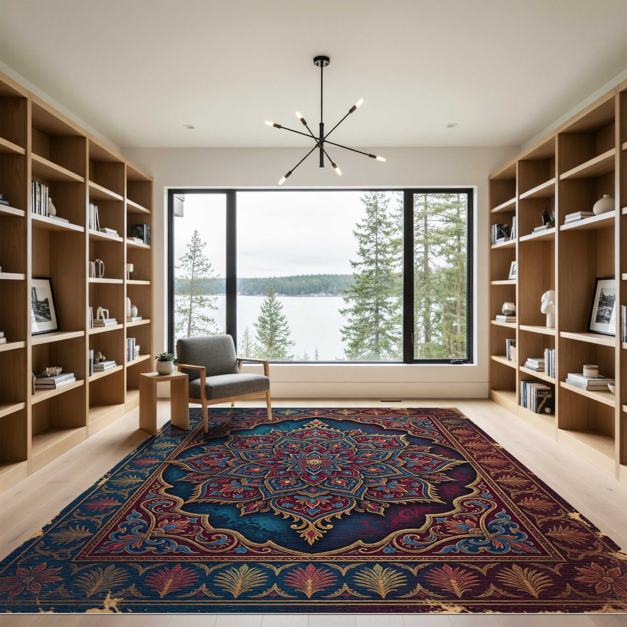 Crimson Blue Golden Medallion Frame Rug