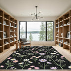 Pastel Floral Meadow Black Background Rug