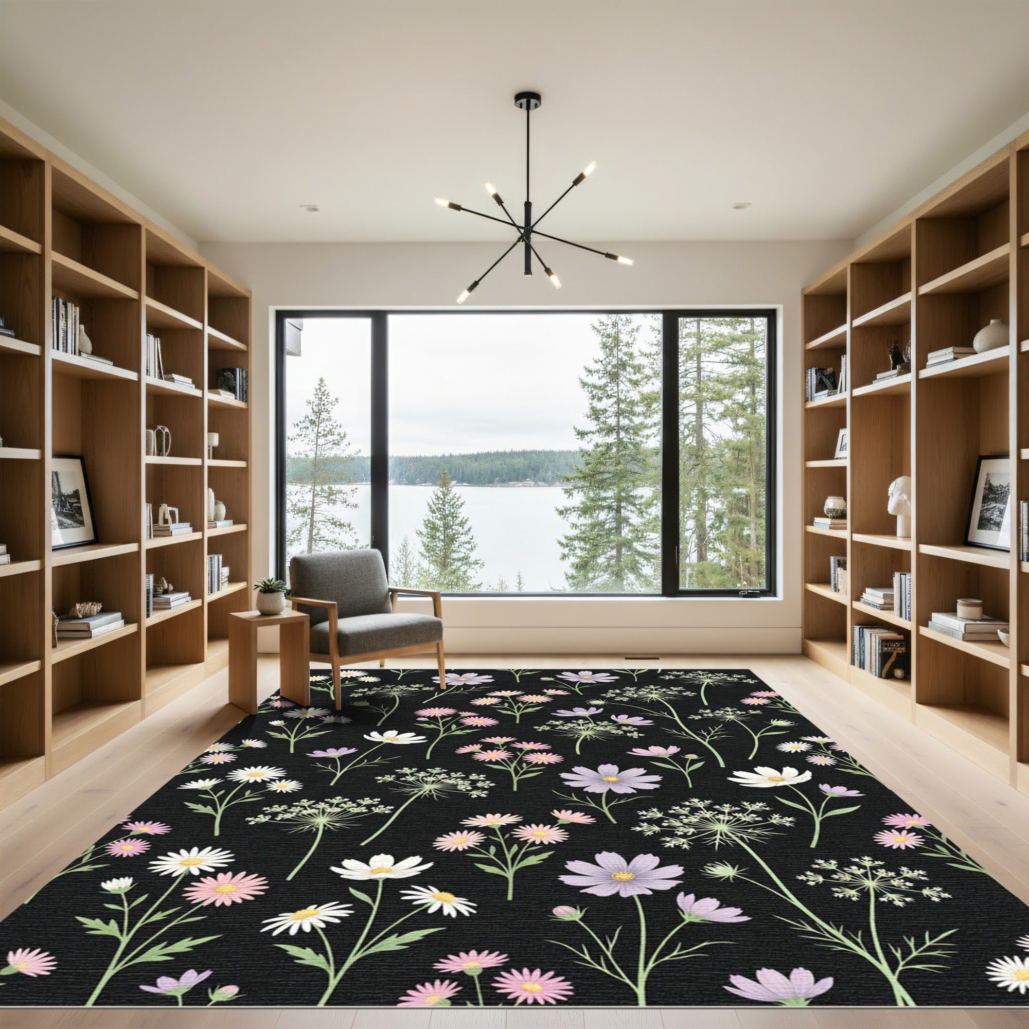 Pastel Floral Meadow Black Background Rug