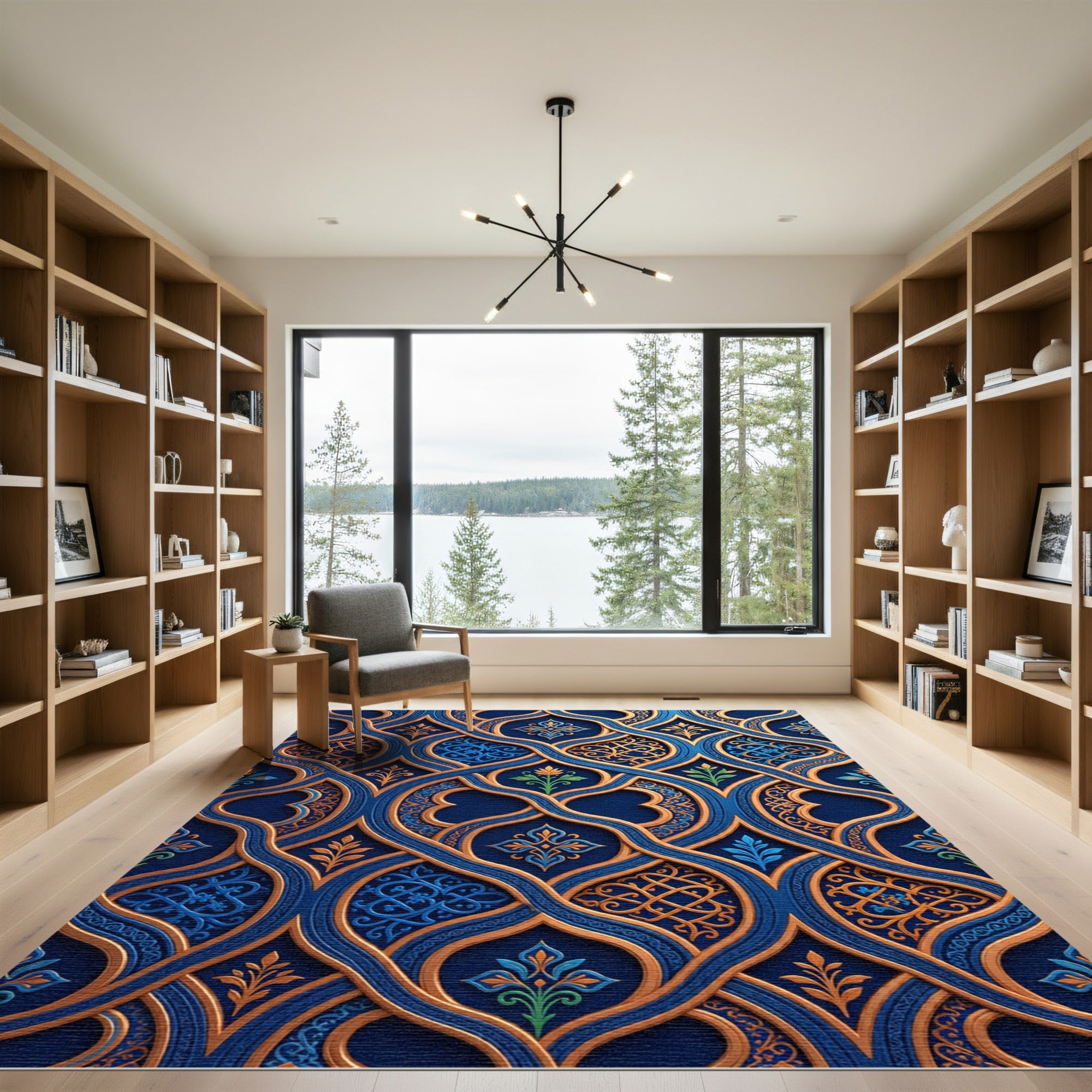 Ornate Gold and Navy Scrolling Filigree Rug