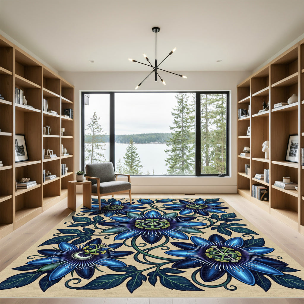 Art Nouveau Sapphire Passion Flower Botanical Rug