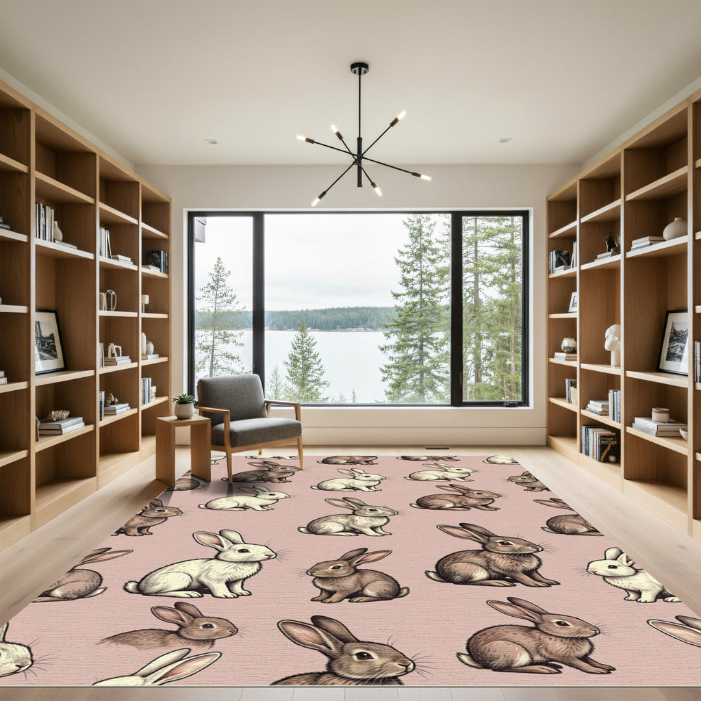 Whimsical Taupe Bunny Rabbit Meadow Rug