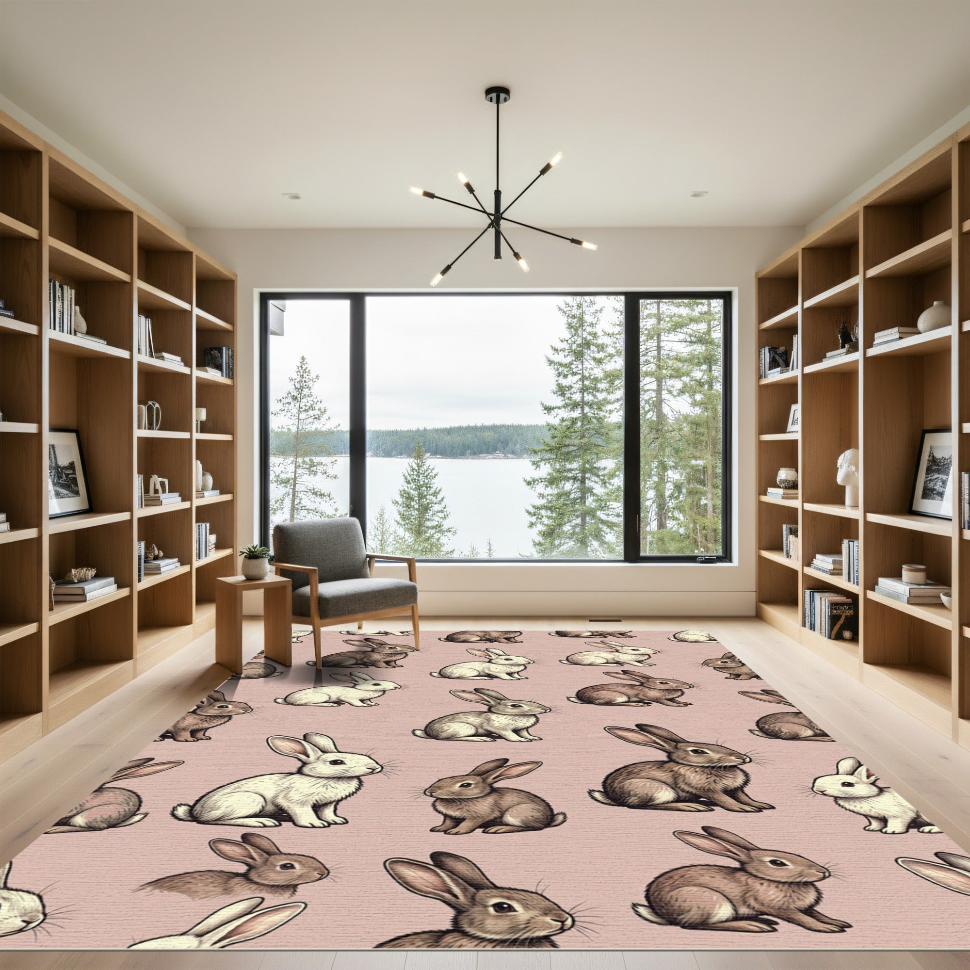 Whimsical Taupe Bunny Rabbit Meadow Rug