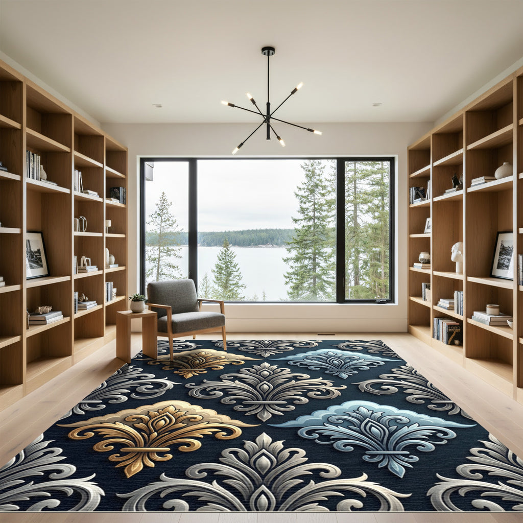 Elegant Gold Silver Ornate Damask Scroll Rug