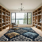 Elegant Gold Silver Ornate Damask Scroll Rug