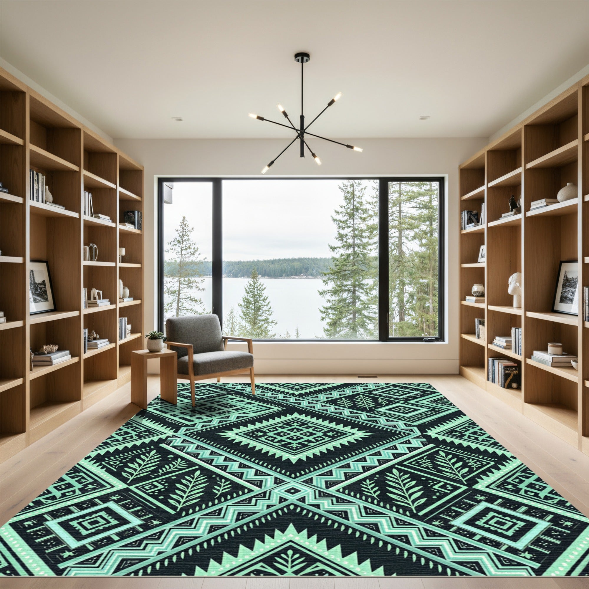 Geometric Sage and Black Diamond Art Rug