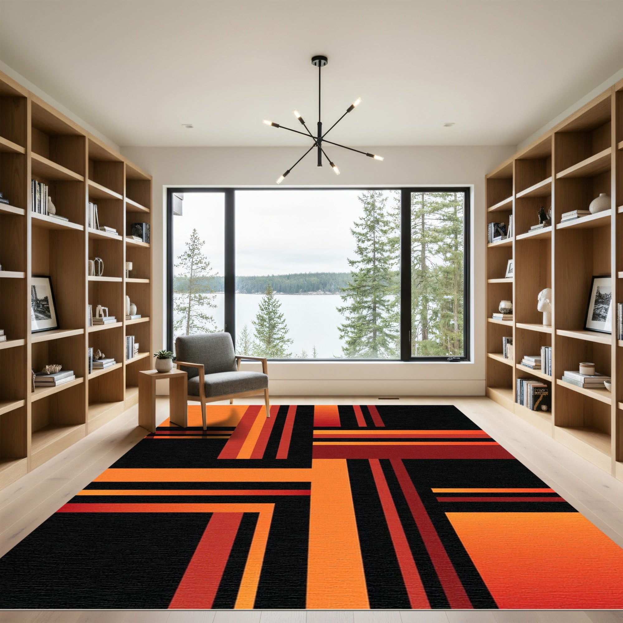 Bold Geometric Orange and Black Linear Art Rug