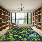 Whimsical Yellow Blue Green Floral Garden Rug