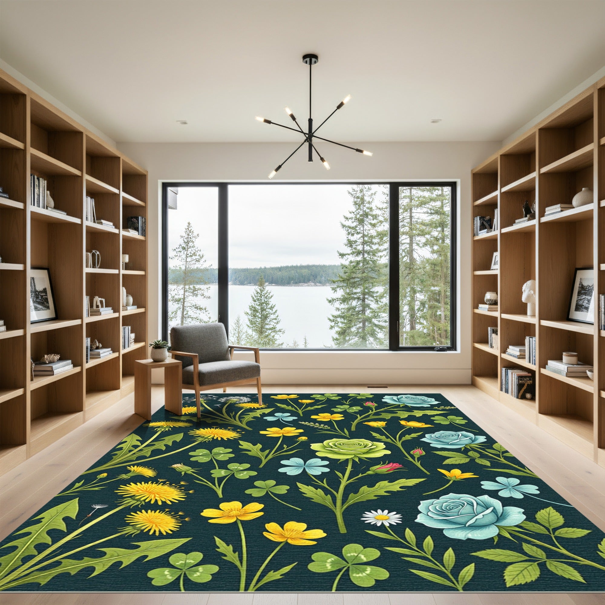 Whimsical Yellow Blue Green Floral Garden Rug