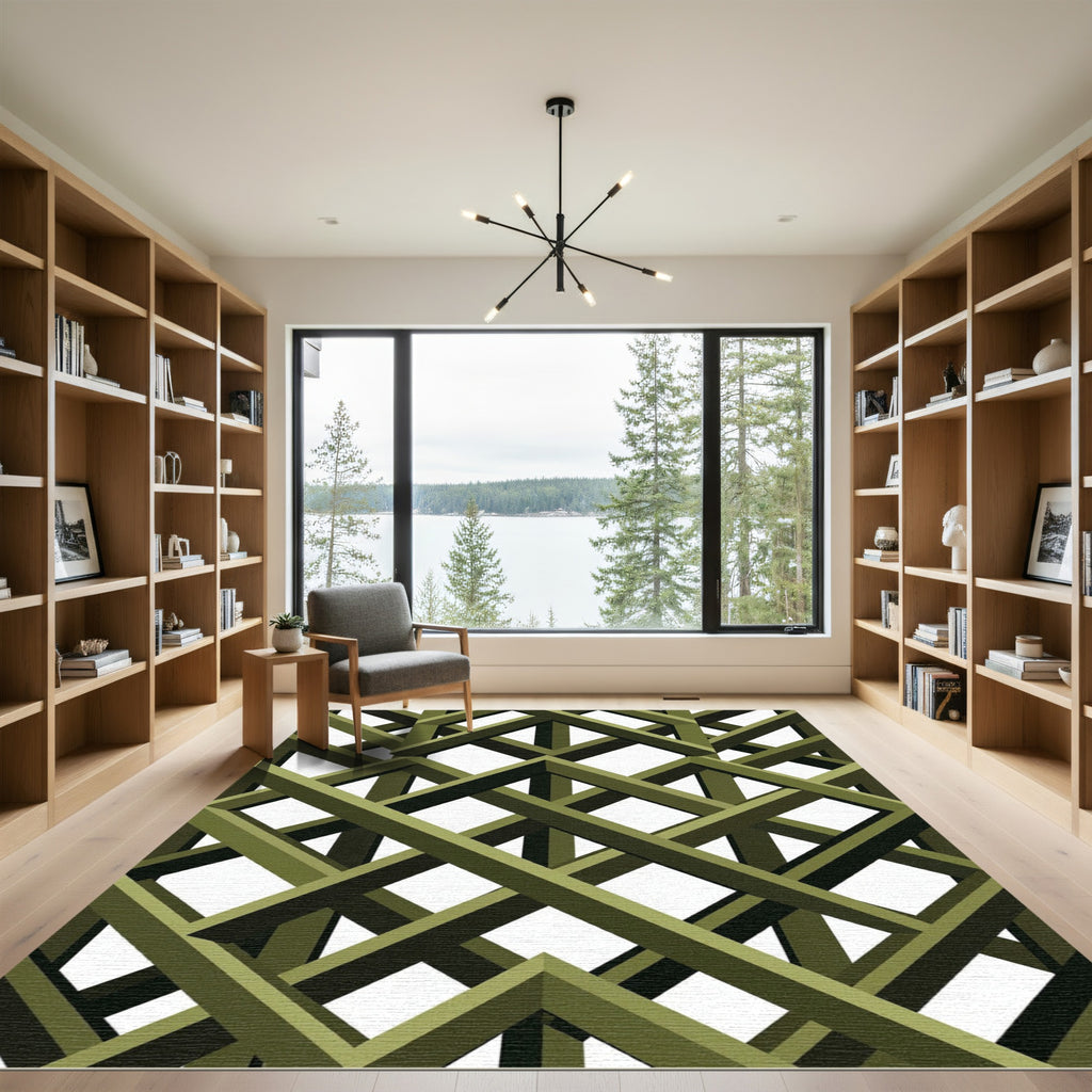 Olive Green Geometric Lattice Grid Rug
