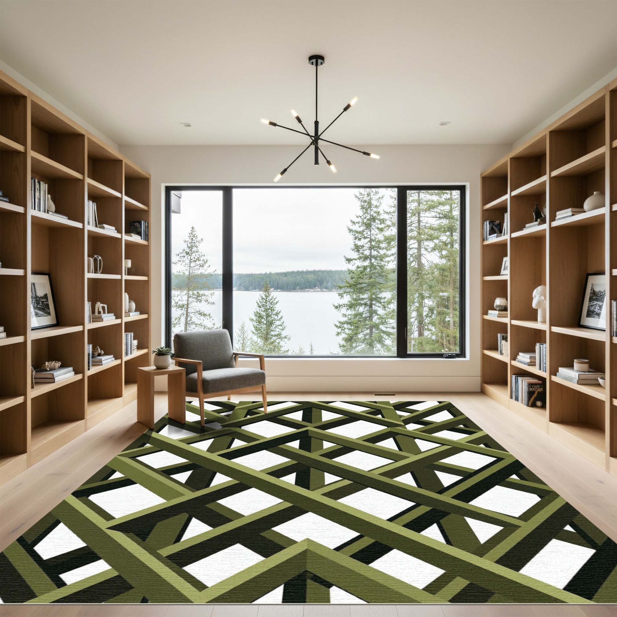 Olive Green Geometric Lattice Grid Rug