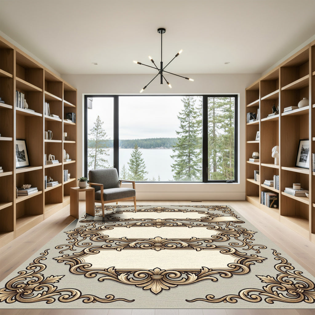 Vintage Beige Acanthus Scrollwork Frame Rug