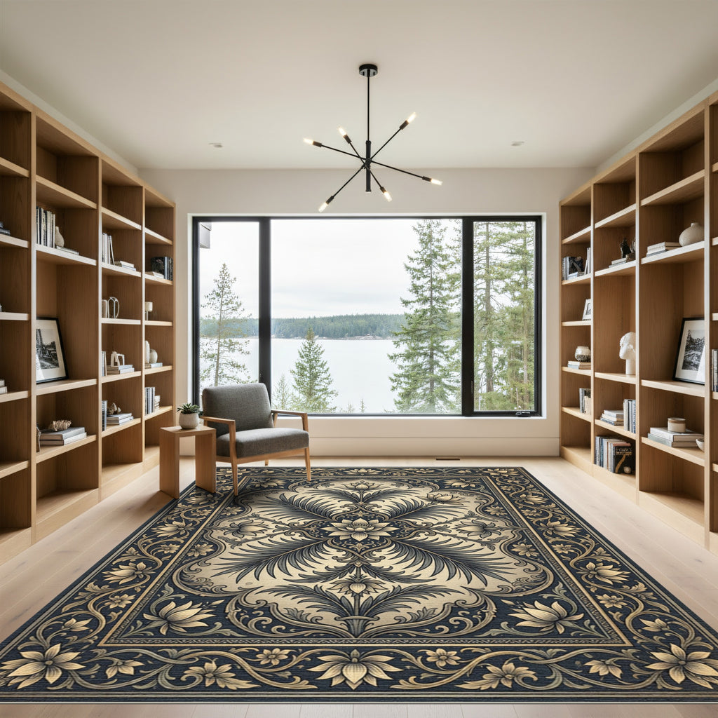 Elegant Gold Lotus Navy Botanical Art Rug