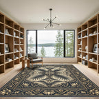 Elegant Gold Lotus Navy Botanical Art Rug
