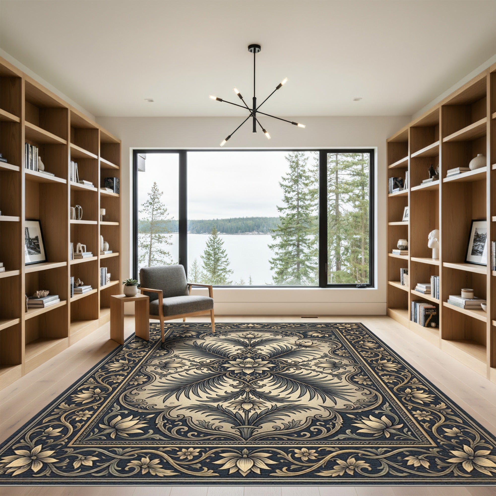 Elegant Gold Lotus Navy Botanical Art Rug