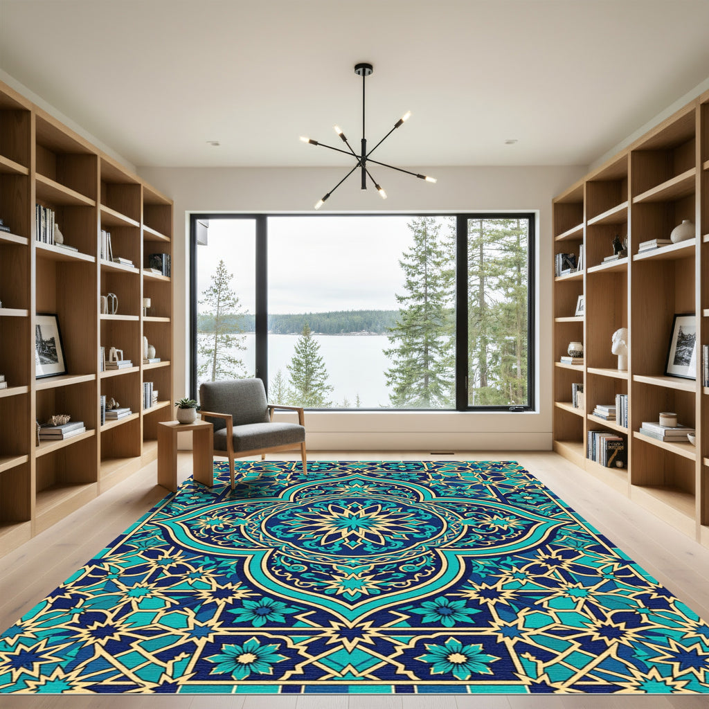 Deep Teal Gold Central Star Medallion Rug