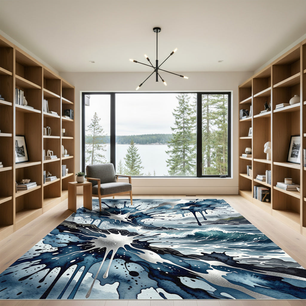 Dynamic Blue Ocean Splash Watercolor Rug