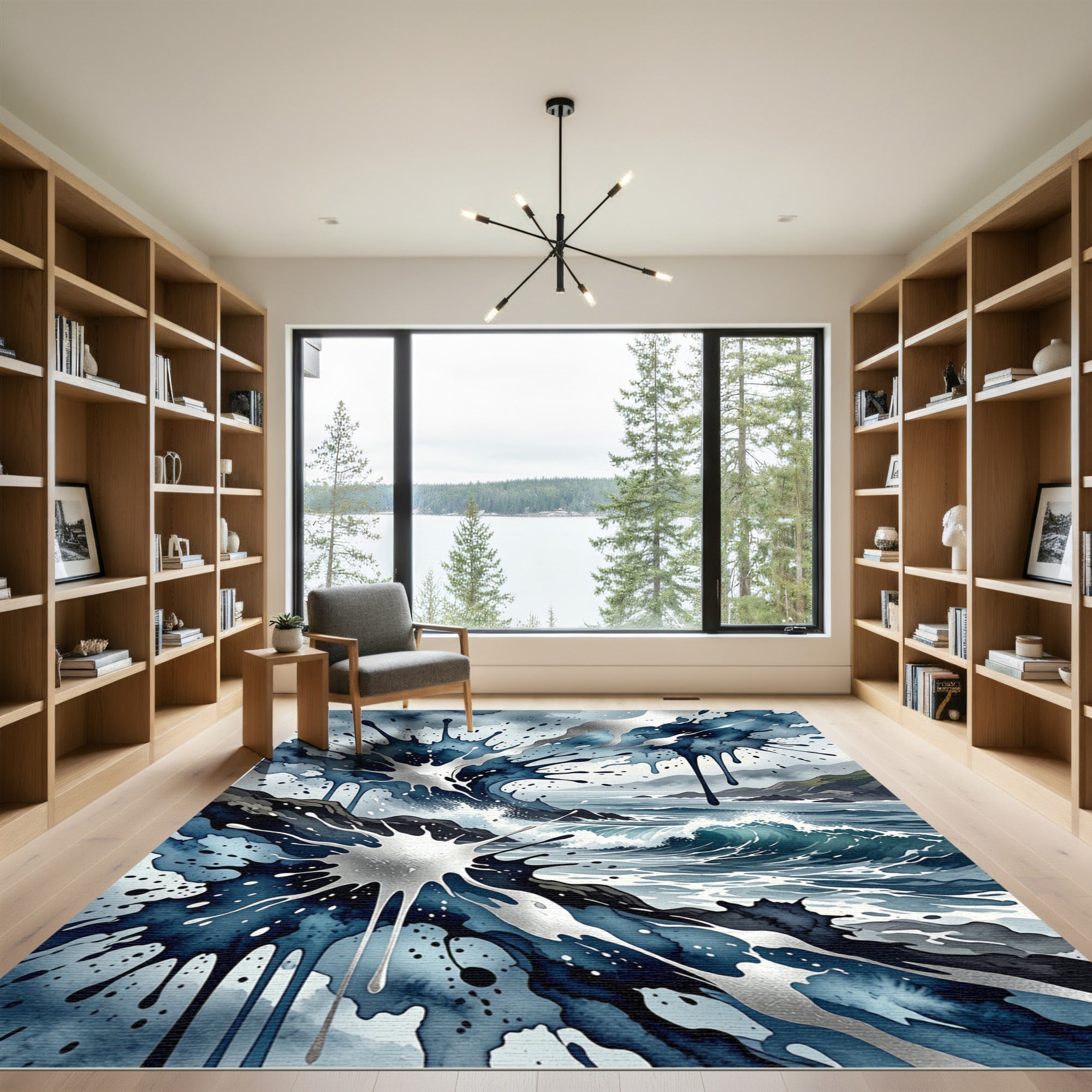 Dynamic Blue Ocean Splash Watercolor Rug