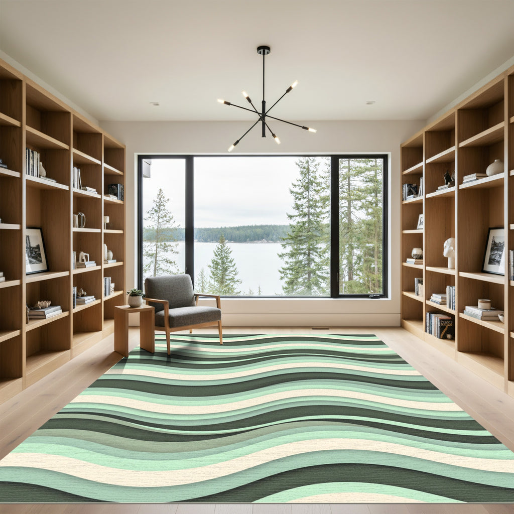 Sage Green Layered Wavy Abstract Stripes Rug