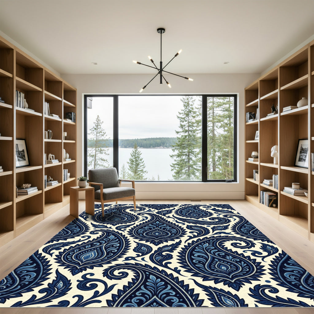 Intricate Midnight Blue Paisley Swirl Rug
