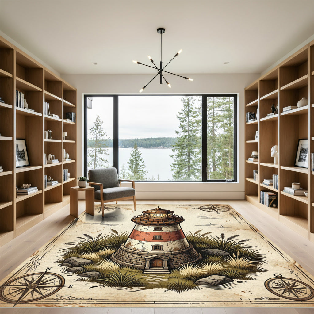 Nautical Lighthouse Vintage Compass Map Rug