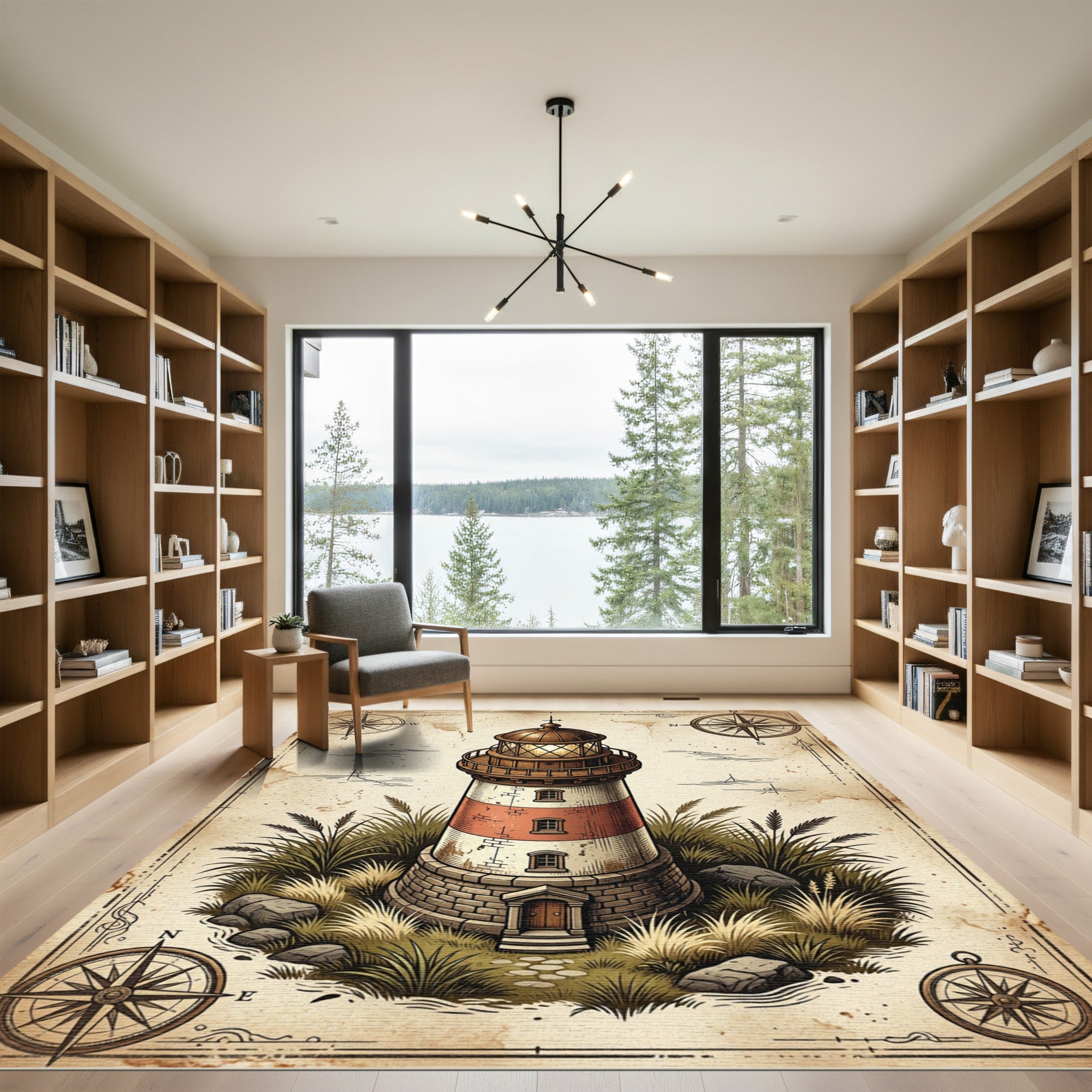 Nautical Lighthouse Vintage Compass Map Rug