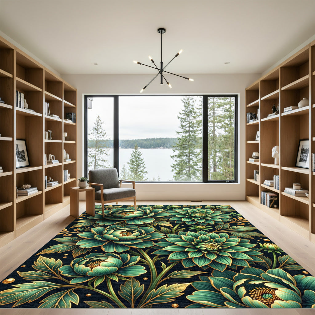 Emerald Green Floral Golden Outline Rug
