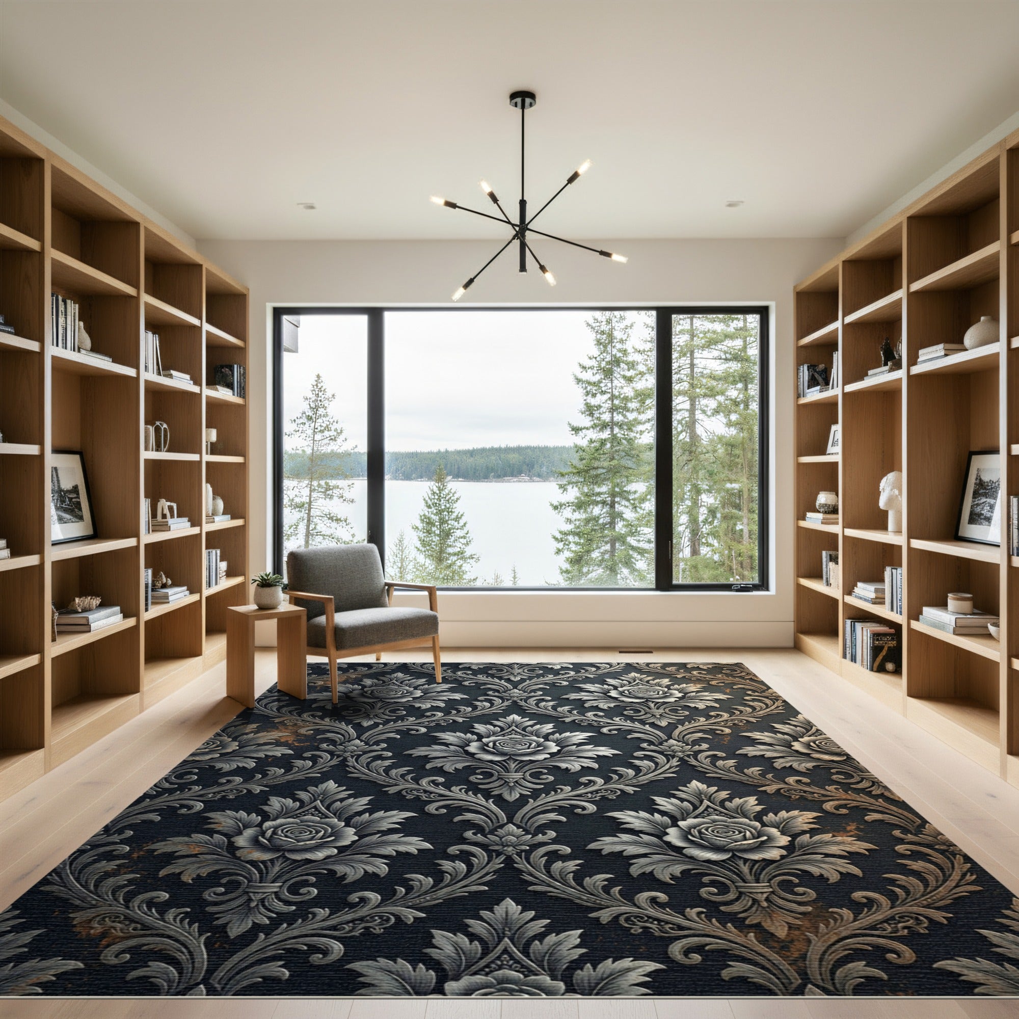 Dark Damask Rose Relief Silver Rug