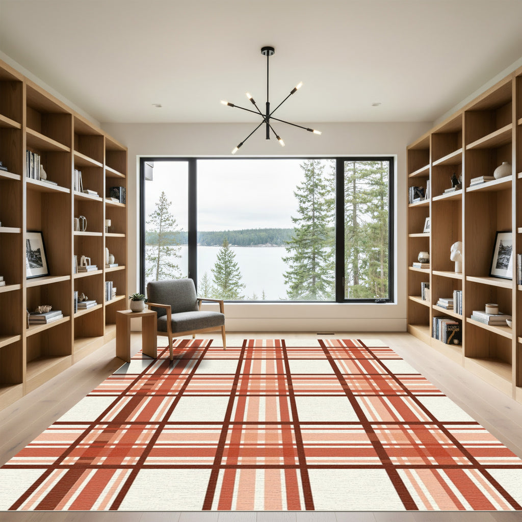 Terracotta Tan Plaid Squared Overlay Rug