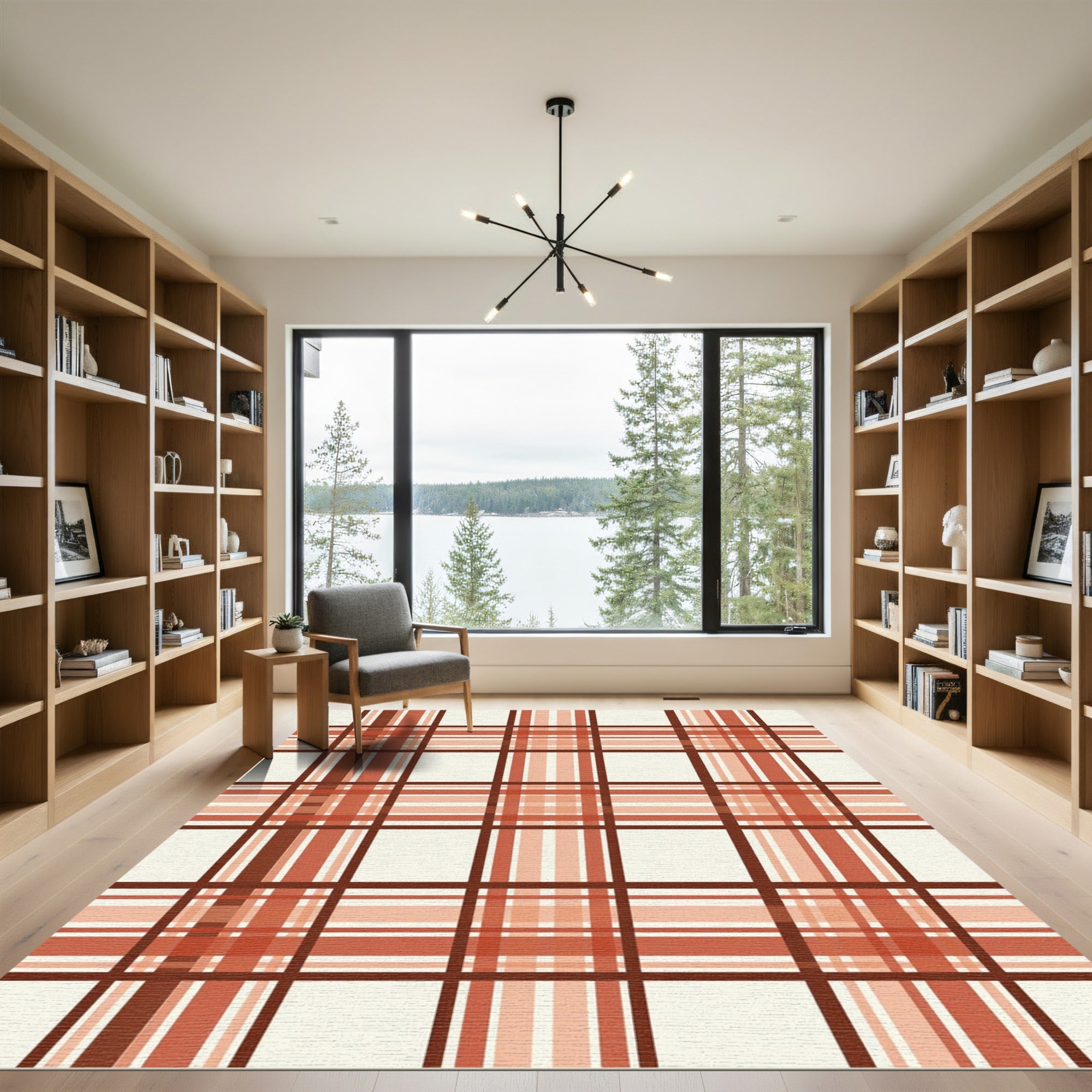 Terracotta Tan Plaid Squared Overlay Rug