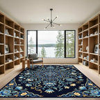 Ornate Blue Golden Botanical Mandala Rug