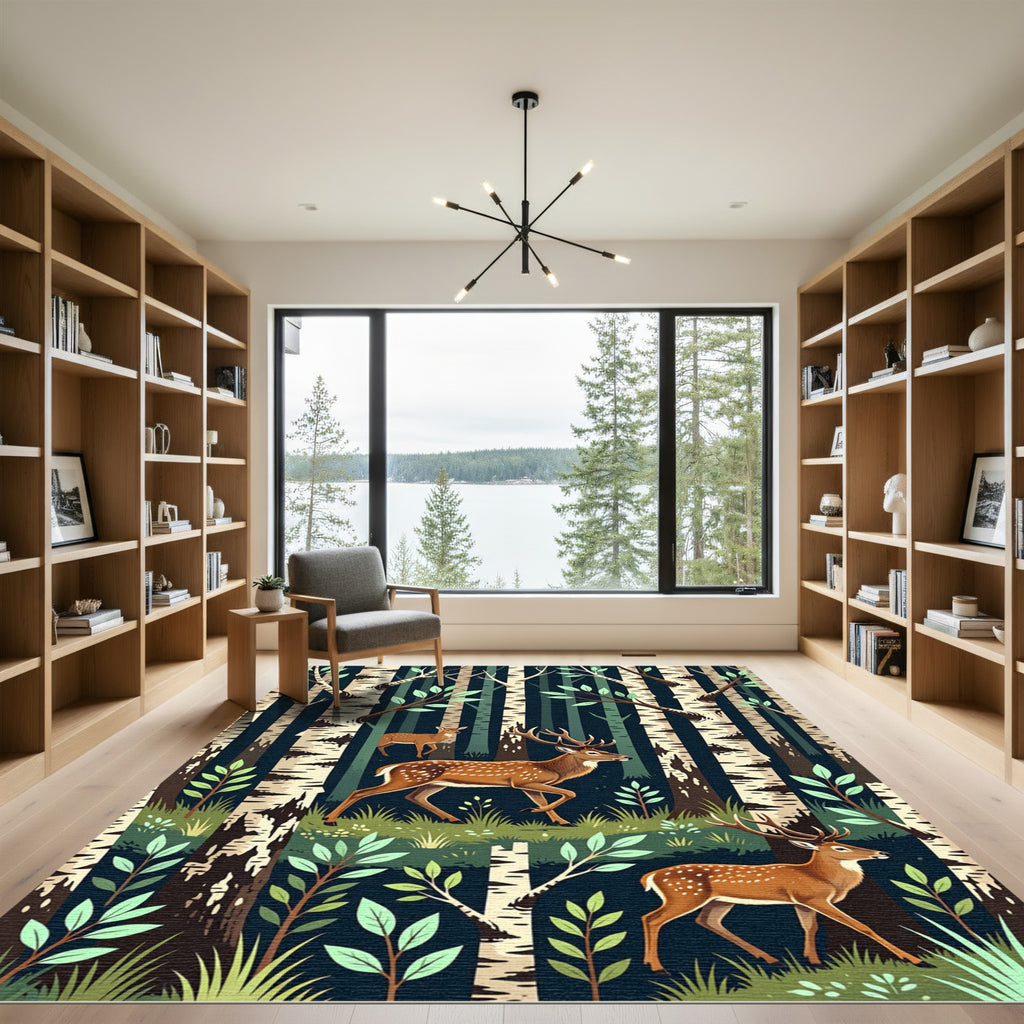 Enchanted Forest Deer Birch Woodland Rug