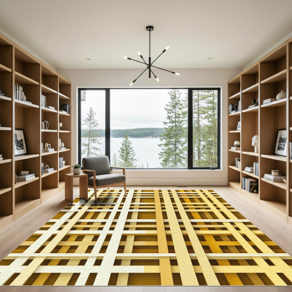 Modern Gold Cream Layered Grid Rug