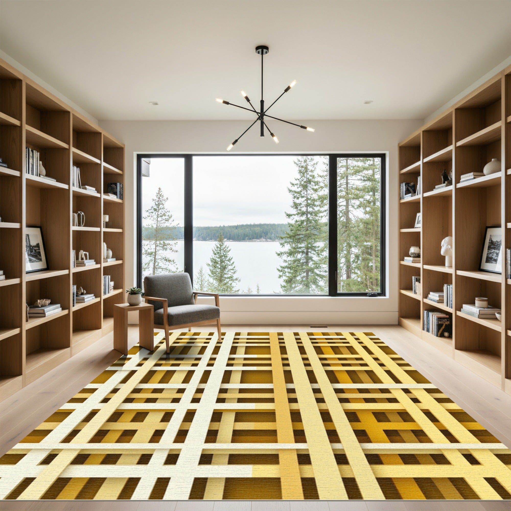 Modern Gold Cream Layered Grid Rug