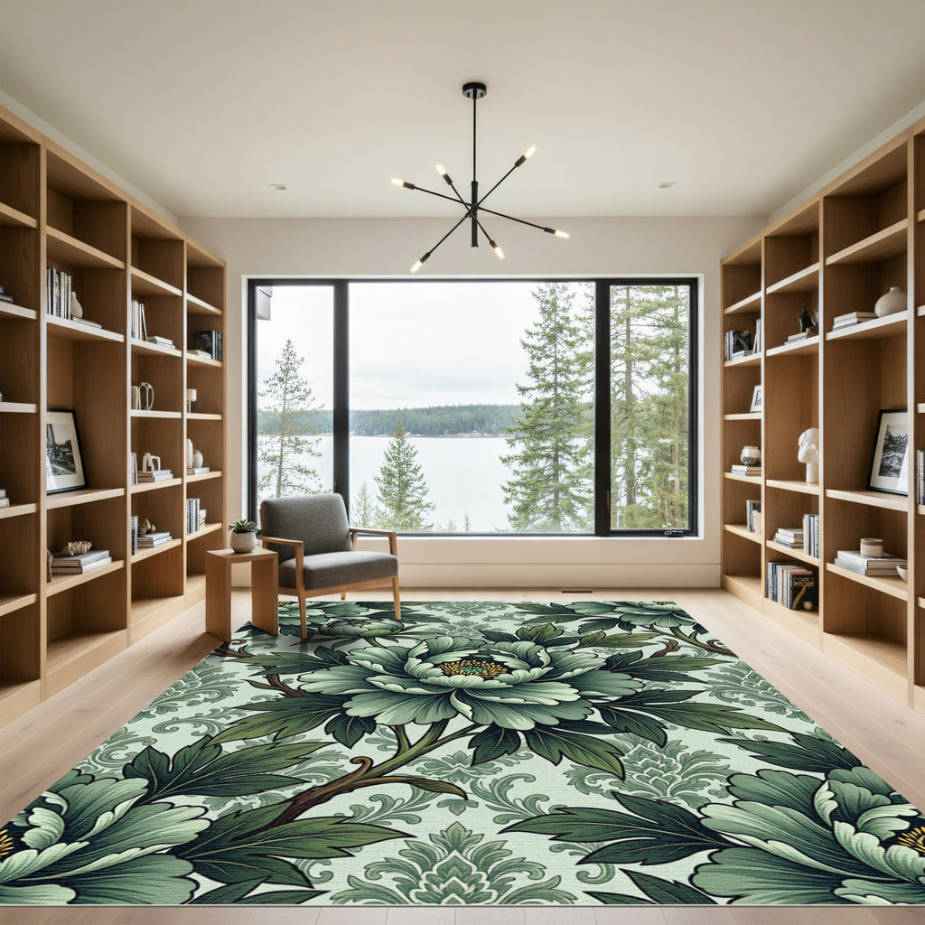 Sage Green Peony Floral Scroll Rug