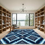 Deep Blue White Ikat Diamond Medallion Rug